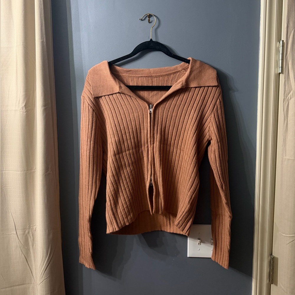 Women's Ribbed Double-Zip Fitted Cardigan Sweater - Tan